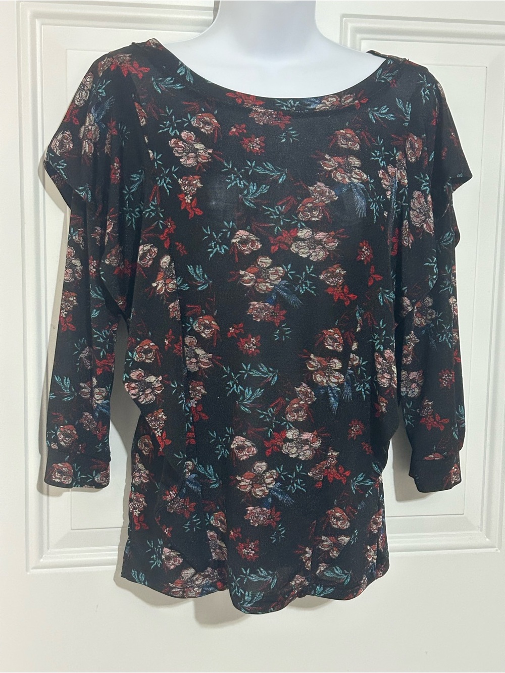 Free People Black Floral Boatneck Long Sleeve Top